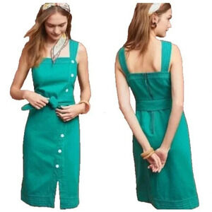 Maeve Elizabeth Midi Dress Women's Size US 0 Snap Button Front Square Neck Green